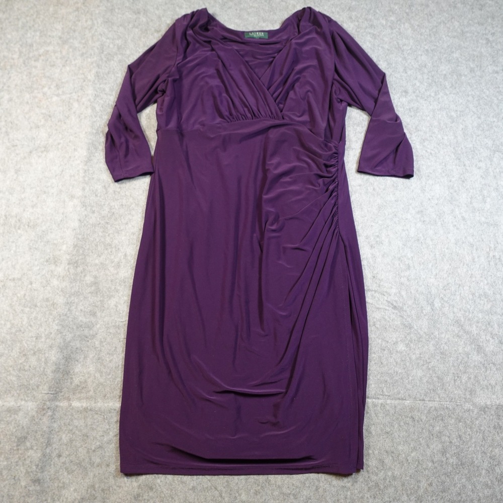 Ralph Lauren Dress Womens 18? Jersey Sheath Midi Purple Ruched Surplice